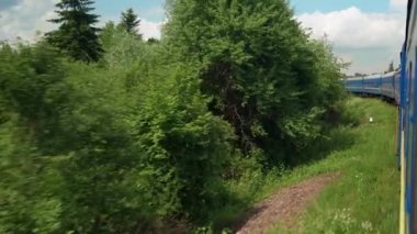 Yüksek hızlı trenin yan görüntüsü güzel doğa manzarası vahşi arazi ve dağların ormanı yaz arkaplanındaki bulutlu güneşli bir günde. Ulaşım, seyahat, demiryolu, iletişim konsepti
