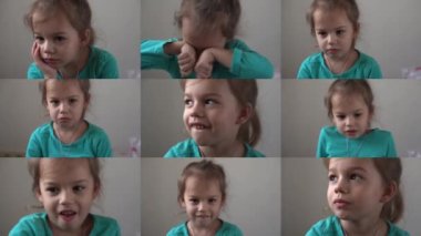 Video kolajı, komik, mutlu, küçük bir çocuk. Okul öncesi okul öncesi kızın kameraya doğal bir şekilde bakması. Samimi Duygular Utanç, Utanmış Temiz Cilt Dermatolojisi, Pediatrik Dişçi Çağrısı Konsepti