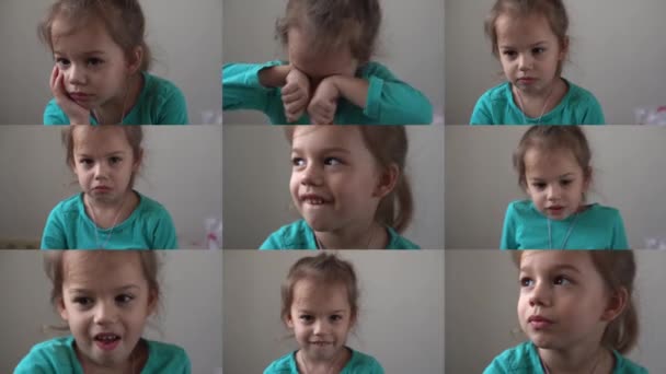 Collage vidéo drôle heureux petit enfant Gros plan préscolaire fille enfant regardant la caméra joli visage naturel. Émotions sincères honteuses, dermatologie de la peau propre embarrassée, concept d'appel en dentisterie pédiatrique — Video