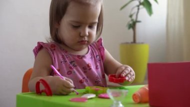 Çocuklar için heykel ve kil modelleme. 2-5 yaşlarındaki kız pembe oyun hamurunu parmaklarıyla ve plastik maket bıçağıyla şekillendiriyor. Oyun kilini kullanarak iyi motor becerileri ve çocuk yaratıcılığını geliştirmek.