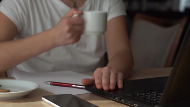 Primer plano manos de mujer joven charlando en el ordenador portátil en casa en la sala de estar. Escribir Buscando Usando IT At Desk. Happy Lady Trabajando en Navegación por Computadora Internet. Buisenes, Educación, Concepto Tecnológico — Vídeos de Stock