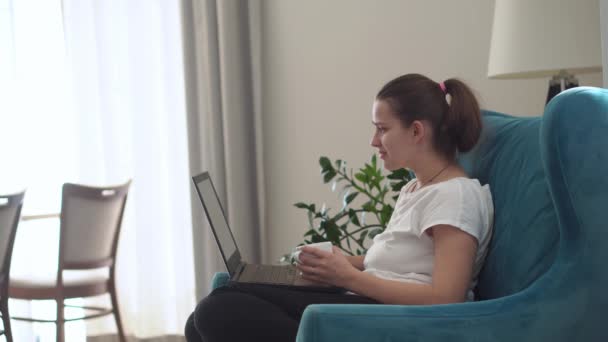 Jovem autêntica conversando no laptop na sala de estar. Escrevendo Pesquisando Usando TI. Happy Lady trabalhando no computador navegando na Internet em Comfortale cadeira fácil. Buisenes, Educação, Conceito de Tecnologia — Vídeo de Stock