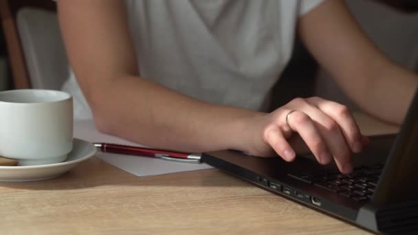 Fechar as mãos da jovem mulher conversando no laptop em casa na sala de estar. Escrevendo Pesquisando Usando a TI na mesa. Happy Lady a trabalhar na Internet de navegação do computador. Buisenes, Educação, Conceito de Tecnologia — Vídeo de Stock