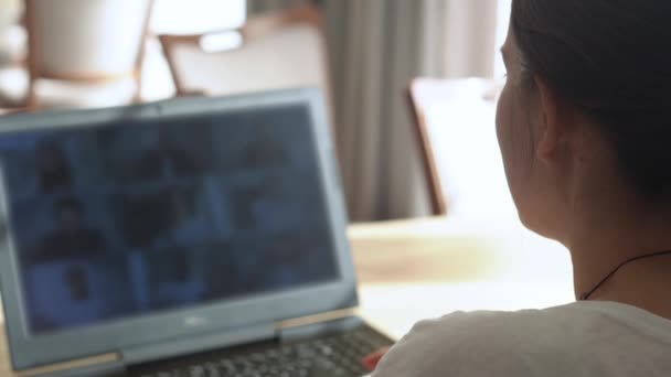 Visão lateral Autêntico Jovem Mulher conversando no laptop em casa na sala de estar. Escrevendo Pesquisando Usando a TI na mesa. Happy Lady a trabalhar na Internet de navegação do computador. Buisenes, Educação, Conceito de Tecnologia — Vídeo de Stock