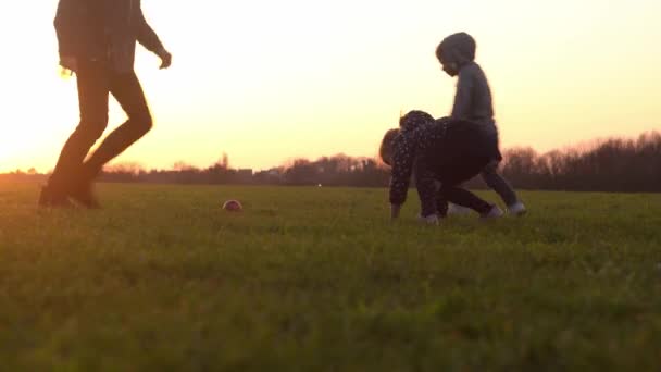 Gün batımında mutlu bir aile. Bir grup insanın silueti parkta yürüyor. Ailesi el ele tutuşan çocuk. Babam çimenlerde futbol oynuyor. Genç baba eğlenmek için dışarıda kardeşleriyle eğleniyor. — Stok video