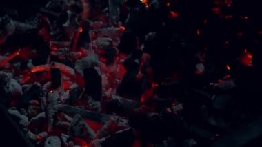 Gecenin parlayan kömürleri üzerinde ızgara yapılmış baharatlı tavuk kanatları ateşte pişiyor. Gece Partisi Barbeküsü. Açık hava aşçılığı. Cook, Şark Yemeğini Mutfakta Hazırlıyor. Abur cubur, sağlıklı yaşam tarzı