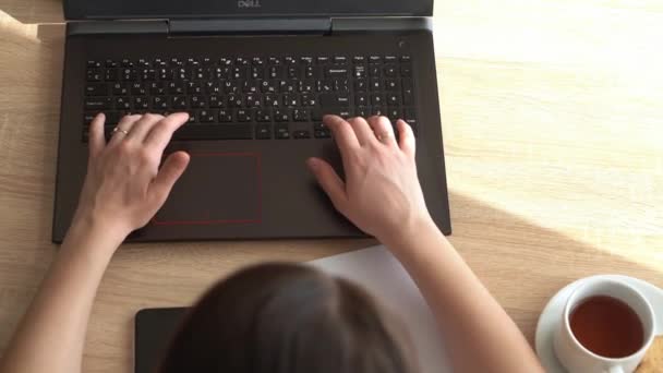 Top Tekintse meg a kezét a fiatal nő chat laptopon otthon, a nappaliban. Írás Keresés használata az asztalnál. Boldog hölgy dolgozik a számítógép böngészés internet. Buisenes, Oktatás, Technológia koncepció — Stock videók