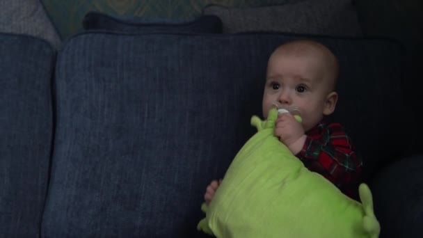 Feliz bebé sonriente chupa pezón sentado en el sofá azul jugando con juguetes mirando a la cámara, lindo niño recién nacido activo de 7 meses que se divierte explorando el juguete suave táctil en casa. Infancia, maternidad — Vídeos de Stock