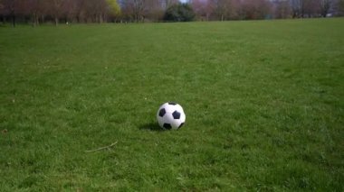 Panorama Wide shot Siyah Beyaz Klasik Futbol Topu Yeşil Çimende. Mutlu çocuk ailesi bahar parkında eğleniyor. İnsanlar futbol oynuyor. Spor, Sağlıklı Yaşam, Şampiyonluk, Rekabet Konsepti