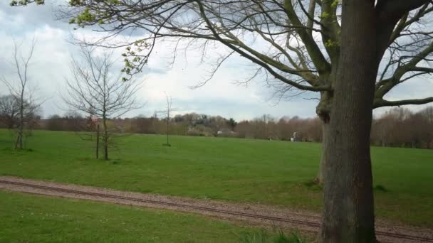 파노라마 샷 , Early Spring Natural Parck in Swonly, East Kent of London. 하피 가족은 공원에서 걷는다. 피로, 여행에 대한 개념. — 비디오