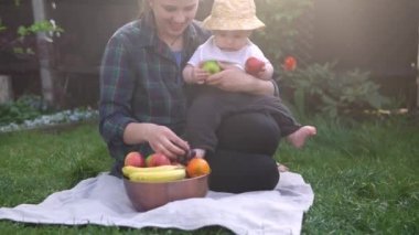 Mutlu Genç Neşeli Anne Yeşil Çimlerde Bebek Yiyen Meyveler Tutuyor. Sevimli Anne Bebek Arka Bahçe Bahçesinde Dışarıda Sevgiyle Oynuyor. Ailesi olan küçük çocuk. Aile, Doğa, Ekoloji Kavramı