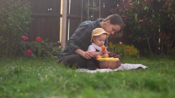 Boldog fiatal, vidám anya tartja baba eszik gyümölcsöt a zöld fű. Anya imádnivaló csecsemő gyermek játszik a szabadban szeretettel a kertben. Kisgyerek a szülőkkel. Család, természet, ökológia koncepció — Stock videók