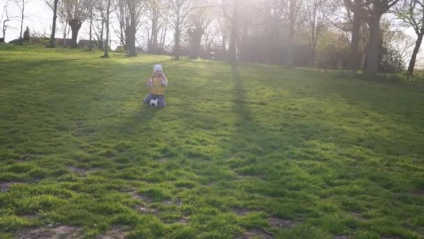 快乐的孩子家庭在春天的公园里玩得开心。小孩儿跑。在绿草上的黑白色经典足球舞会上的童装。人们踢足球。童年、体育、锦标赛概念 — 图库视频影像