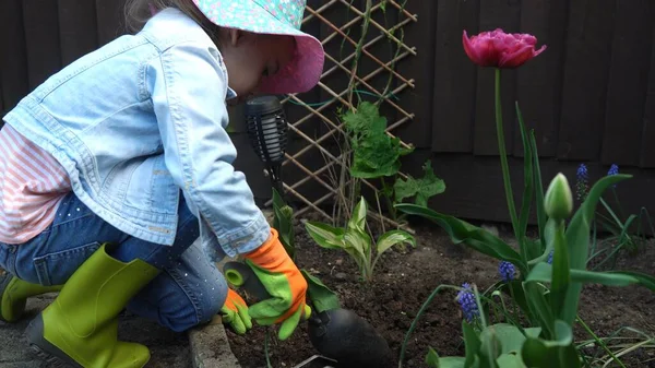 Mãe dona de casa com filhos Filho Filha usar luvas de trabalho preparando o solo para plantar flores ajudando a mãe cuidar do jardim fora. Ajuda jardinagem plantação ambiental Família Natureza — Fotografia de Stock