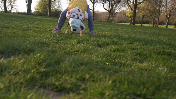 Mutlu çocuk ailesi bahar parkında eğleniyor. Küçük Çocuk Koş. Çocuk Kız Yeşil Çimen Üzerinde Siyah Beyaz Klasik Futbol Topu Sürüyor. İnsanlar futbol oynuyor. Çocukluk, Spor, Şampiyonluk Konsepti — Stok fotoğraf