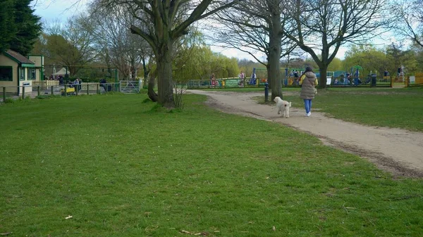 Panoramiczne ujęcie wczesnowiosennego parku naturalnego w Swonly we wschodnim Kencie Londynu. Rodzina Hapy spacerująca po parku. Narracja, koncepcja podróżowania. — Zdjęcie stockowe