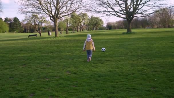 Szczęśliwa rodzina dzieci bawiących się w Spring Park. Mały Dzieciak ucieka. Dziecko dziewczyna Dribbles czarny biały klasyczny piłka nożna na zielonej trawie. Ludzie grający w futbol. Dzieciństwo, Sport, Koncepcja Mistrzostw — Wideo stockowe