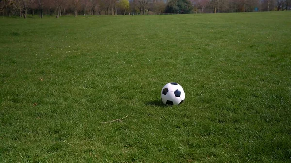 "Panorama Wide Shot Black Classic Soccer Ball On Green Grass". Щасливої сім'ї дітей весняного парку. Грає у футбол. Спорт, здорове життя, чемпіонство, змагання Концепція — стокове фото