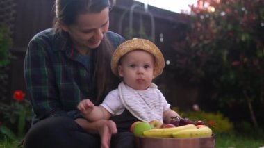 Mutlu Genç Neşeli Anne Yeşil Çimlerde Bebek Yiyen Meyveler Tutuyor. Sevimli Anne Bebek Arka Bahçe Bahçesinde Dışarıda Sevgiyle Oynuyor. Ailesi olan küçük çocuk. Aile, Doğa, Ekoloji Kavramı