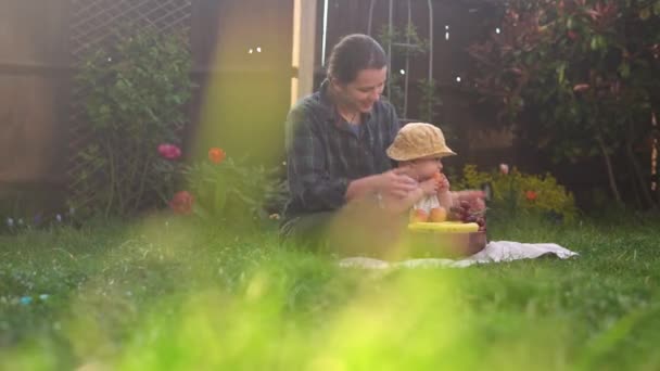 Jovem feliz mãe alegre segurando bebê comendo frutas na grama verde. Mãe adorável criança infantil brincando ao ar livre com amor no jardim do quintal. Criança com pais. Família, Natureza, Conceito de Ecologia — Vídeo de Stock