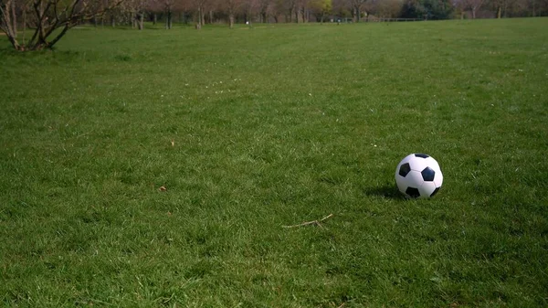 Panorama Wide Shot Black White Classic piłka nożna na zielonej trawie. Szczęśliwa rodzina dzieci bawiących się w Spring Park. Ludzie grający w futbol. Sport, Zdrowe życie, Mistrzostwa, Koncepcja konkursów — Zdjęcie stockowe