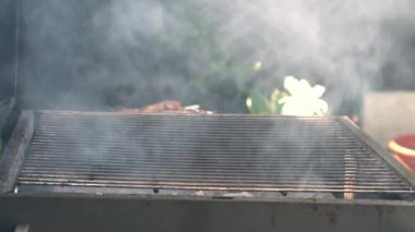 Parlak parlayan kömürlerin üzerinde ızgara yapılan baharatlı domuz pastırması. Öğle yemeği partisi barbeküsü. Açık hava aşçılığı. Cook, Şark Yemeğini Mutfakta Hazırlıyor. Abur cubur, sağlıklı yaşam tarzı