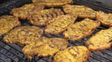 Parlak parlayan kömürlerin üzerinde ızgara yapılan baharatlı domuz pastırması. Öğle yemeği partisi barbeküsü. Açık hava aşçılığı. Cook, Şark Yemeğini Mutfakta Hazırlıyor. Abur cubur, sağlıklı yaşam tarzı