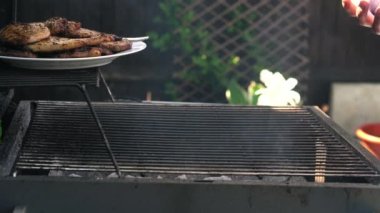 Gecenin parlayan kömürlerinde ızgarada kızaran baharatlı sosisler. Öğle yemeği Barbeküsü. Açık hava aşçılığı. Cook, Şark Yemeğini Mutfakta Hazırlıyor. Abur cubur, sağlıklı yaşam tarzı