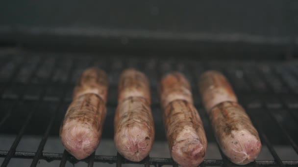 Spicy Sausages Being Grilled Bright Glowing Coals Broasting Fire Lunch — Stock Video