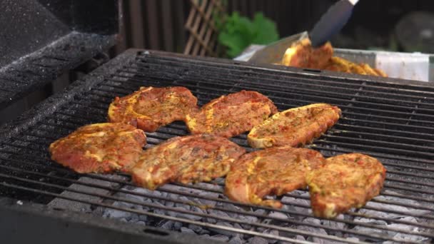 Spicy Pork Beef Bacon Being Grilled Bright Glowing Coals Broasting — Stock Video