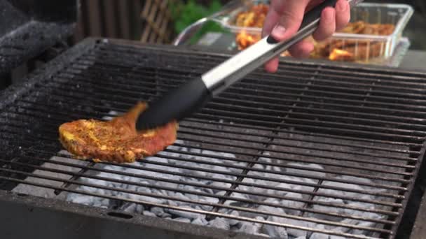 Spicy Pork Beef Bacon Being Grilled Bright Glowing Coals Broasting — Vídeos de Stock