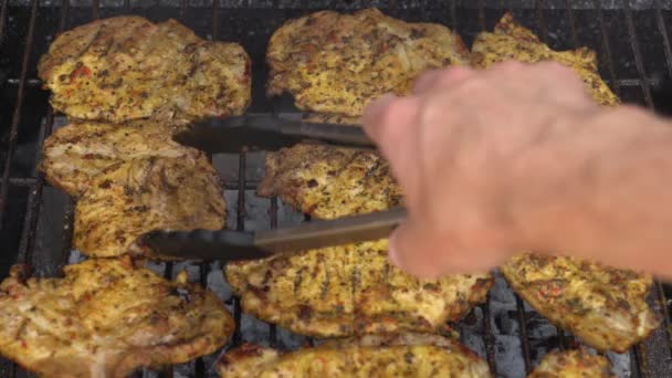 Spicy Pork Beef Bacon Being Grilled Bright Glowing Coals Broasting — Stock Video