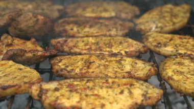 Parlak parlayan kömürlerin üzerinde ızgara yapılan baharatlı domuz pastırması. Öğle yemeği partisi barbeküsü. Açık hava aşçılığı. Cook, Şark Yemeğini Mutfakta Hazırlıyor. Abur cubur, sağlıklı yaşam tarzı