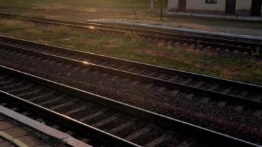 Pencereden yüksek hızlı tren manzarası güzel doğa manzarası vahşi arazi ve orman rayları yaz arkaplanında akşam günbatımında tren rayları. Ulaşım, seyahat, demiryolu, iletişim konsepti