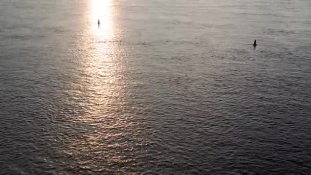 トップ空中ビュー漁船の海を移動します 日の出の日没時にドニプロ川の釣り人とモーターボートをセーリング キエフの湖の上の橋の風景ウクライナの都市 水の輸送旅行夏 — ストック動画
