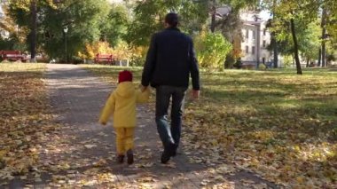 Anaokulunun genç ve mutlu babası ve el ele tutuşup sonbahar parkında vakit geçiriyor. Sarı Düşen Yapraklar Sepette Kırmızı Elma Yiyiyor Soğuk Hava Çocukluğu, Aile, Sonbahar Konseptine Bakıyor