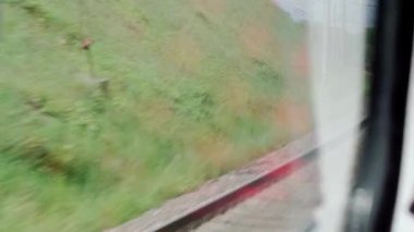 Yüksek hızlı trenin yan görüntüsü güzel doğa manzarası vahşi arazi ve dağların ormanı yaz arkaplanındaki bulutlu güneşli bir günde. Ulaşım, seyahat, demiryolu, iletişim konsepti.