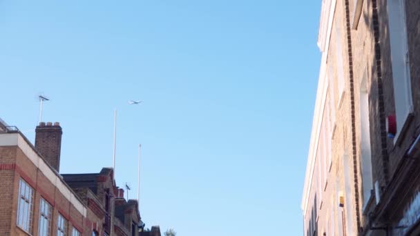 런던에 상공을 비행기 오후에 하늘에서 하늘을 비행기가 건물의 — 비디오