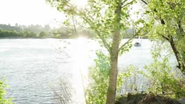 Панорамный Снимок Красивого Ландшафта Широкой Реки Днепр Длинным Мостом Церковными — стоковое видео