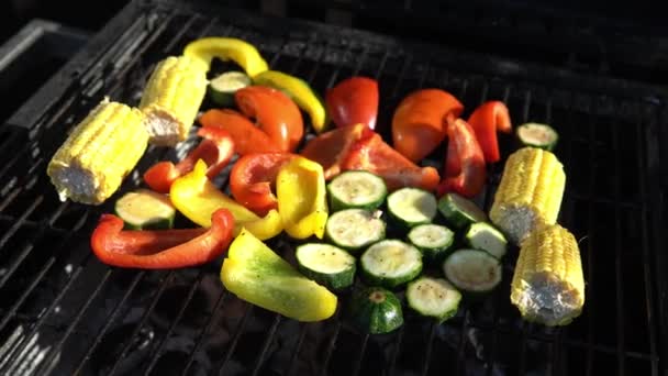 Legumes Grelhados Frescos Churrasco Para Jantar Comida Saudável Verão Noite — Vídeo de Stock