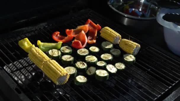 Legumes Grelhados Frescos Churrasco Para Jantar Comida Saudável Verão Noite — Vídeo de Stock