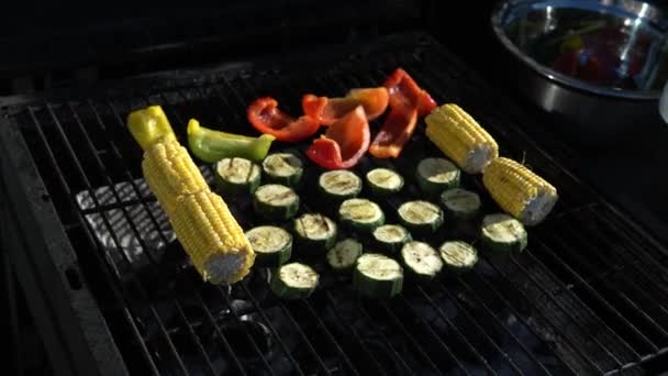 Fresh Grilled Vegetables Barbecue Dinner Healthy Food Summer Family Evening — Vídeos de Stock