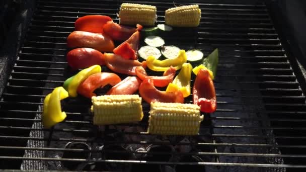 Fresh Grilled Vegetables Barbecue Dinner Healthy Food Summer Family Evening — Stockvideo