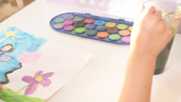 Close Talented Little Girl Female Artist Draws Mother Sun Summer — Stockvideo