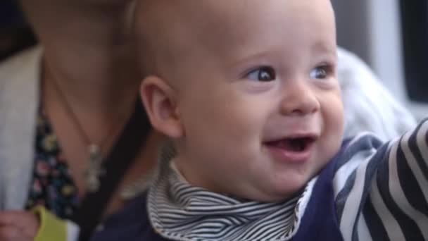 Baby Snack Time Happy Mom Traveling Train Her Son Mother — Stockvideo