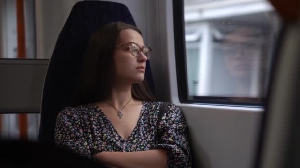 Close Shot Young Attractive Ukraine Female Glasses Sitting Moving City — Video