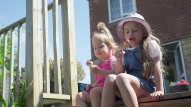 Two Sisters Children enjoys delicious ice cream cone. Child eating watermelon popsicle. Kids Siblings snack sweets in Home Garden. Summer holiday Hot weather Sunny Day. Childhood, Food Candy Friends.