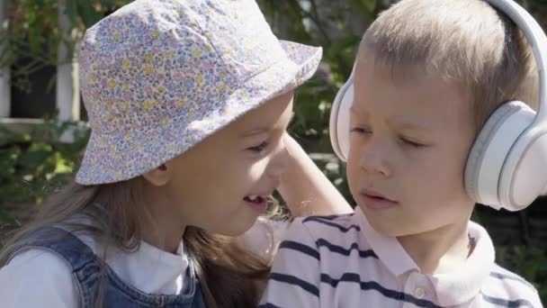 Portrait Cute Little Two Children Headphones Listening Music Cheerful Carefree — Stock Video