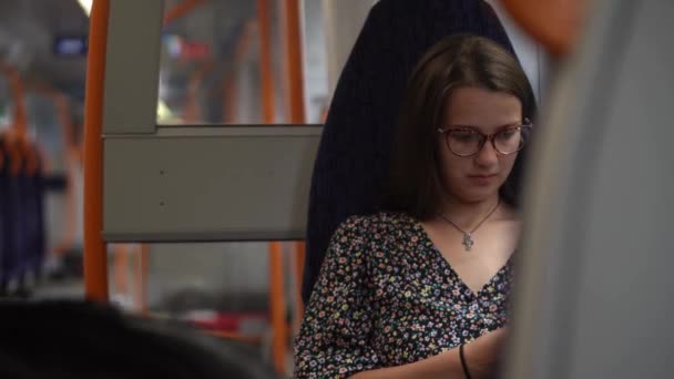 Close Shot Young Attractive Ukraine Female Glasses Sitting Moving City — Wideo stockowe