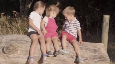 baby sisters brother playing in the forest park.Three Siblings have fun outside. happy family kids dream concept. a children sitting on the log together in lifestyle park. Friendship, Childhood sunset